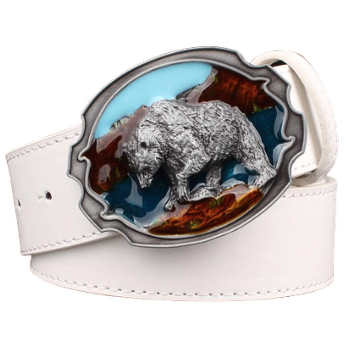 White leather belt with a detailed bear buckle.
