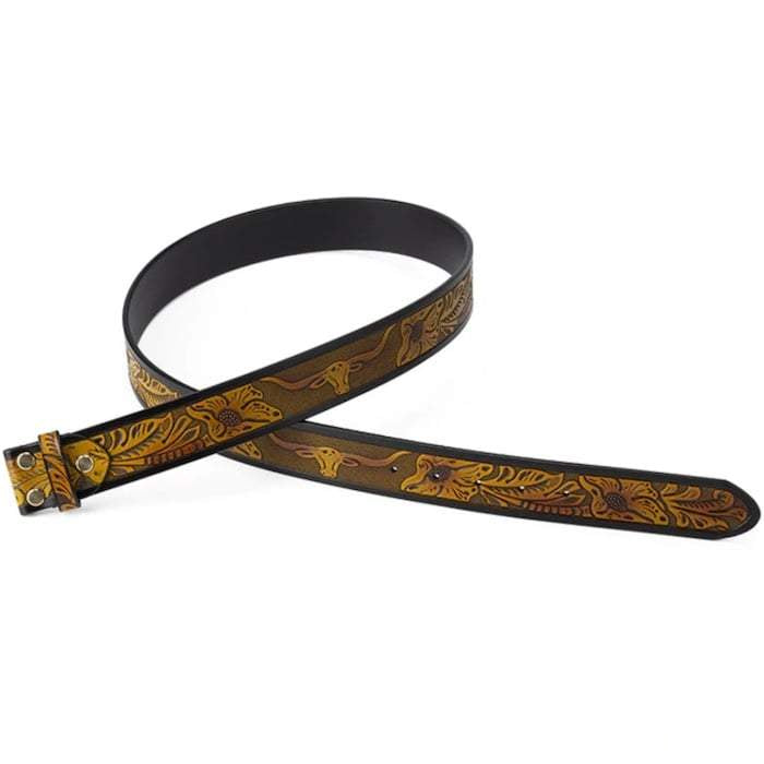 A brown leather belt with floral and longhorn patterns.