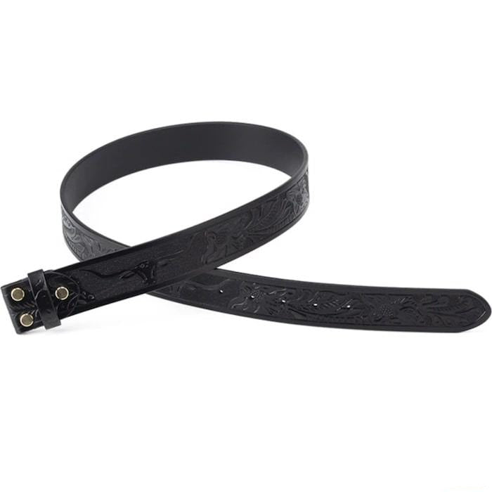 Black leather belt with floral design.