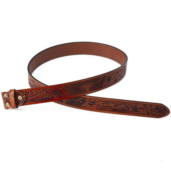 A brown leather belt with floral and steer head tooling.
