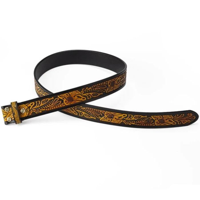 Embossed leather belt with floral pattern.
