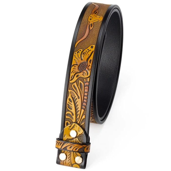 Brown leather belt with black lining and tooled floral and steer head pattern.