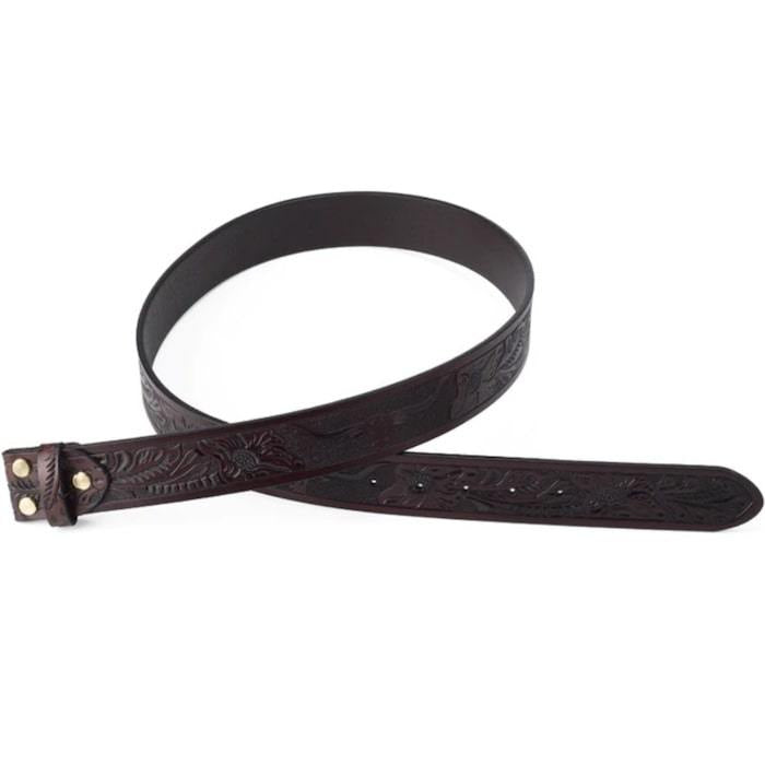 Embossed brown leather belt with gold studs.
