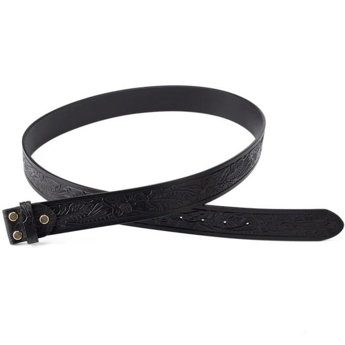 Black leather belt with embossed floral pattern.

