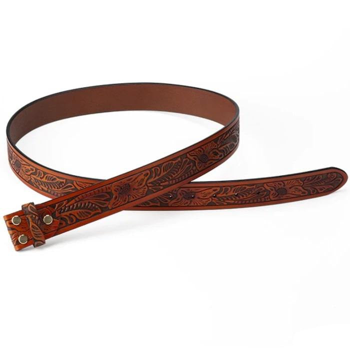 Brown leather belt with floral pattern.