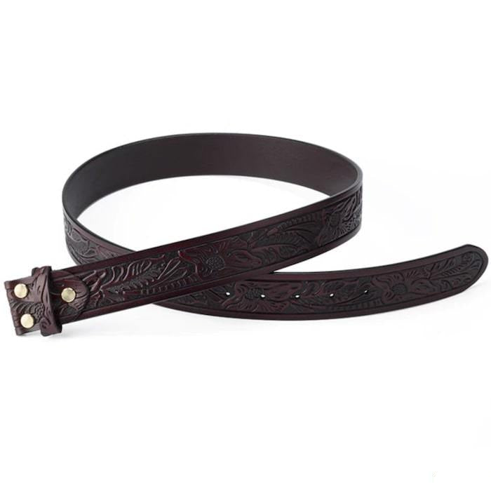 Brown leather belt with floral pattern.