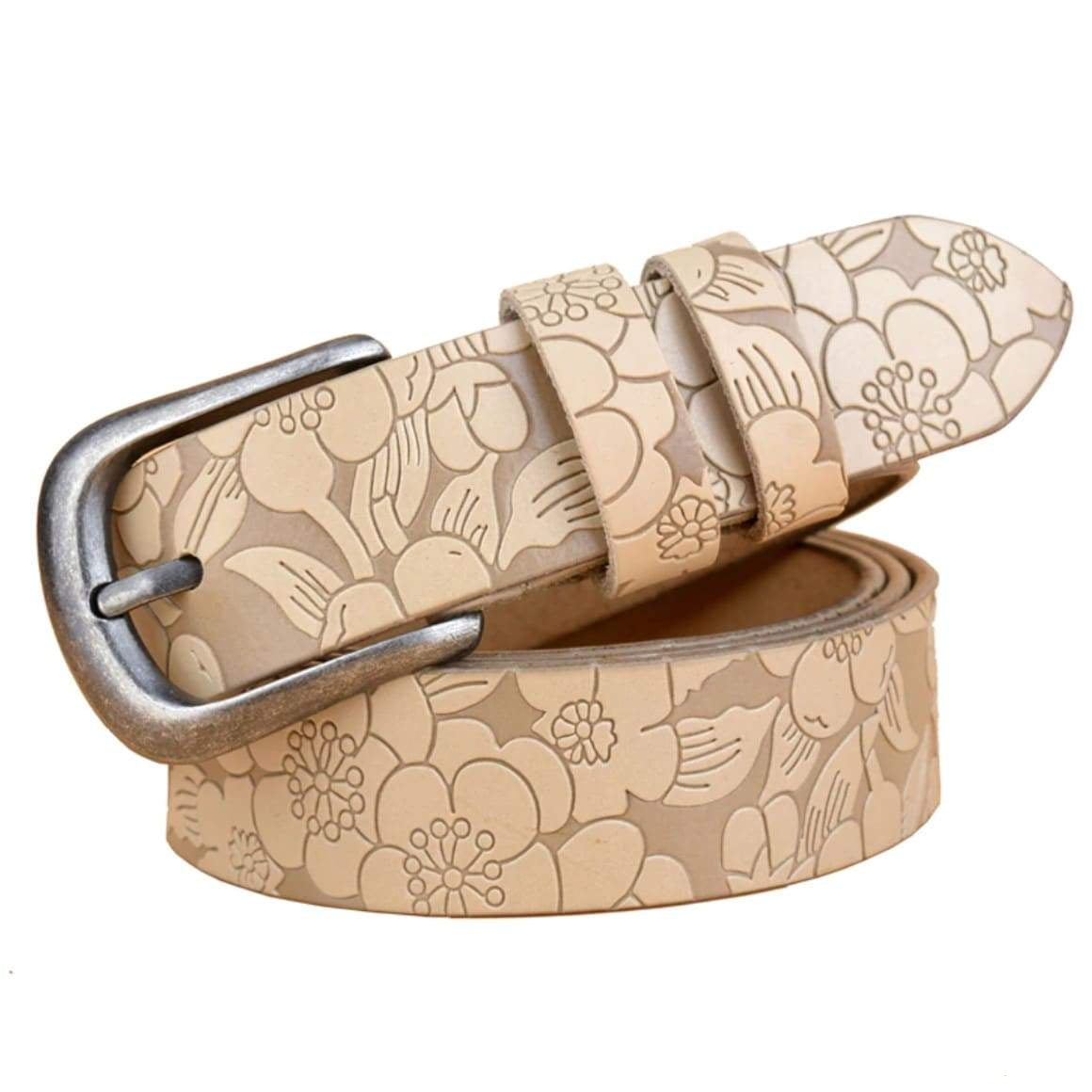 Beige leather belt with embossed flower pattern and silver buckle.
