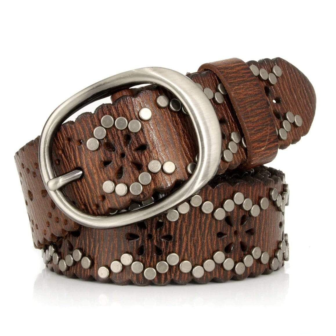 Brown leather belt with silver buckle and studs.
