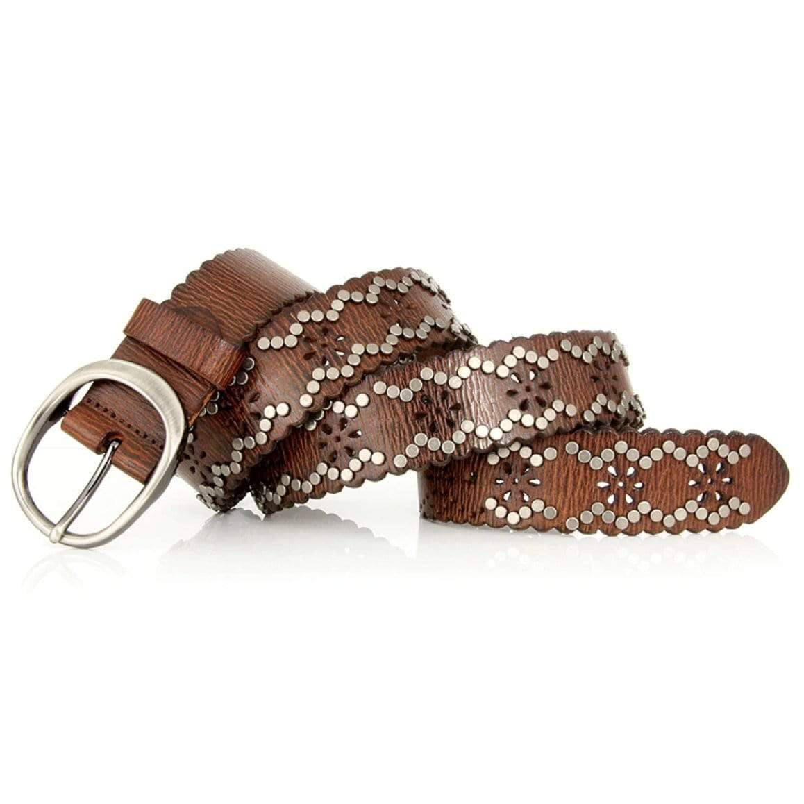 Brown leather belt with silver buckle and studded details.
