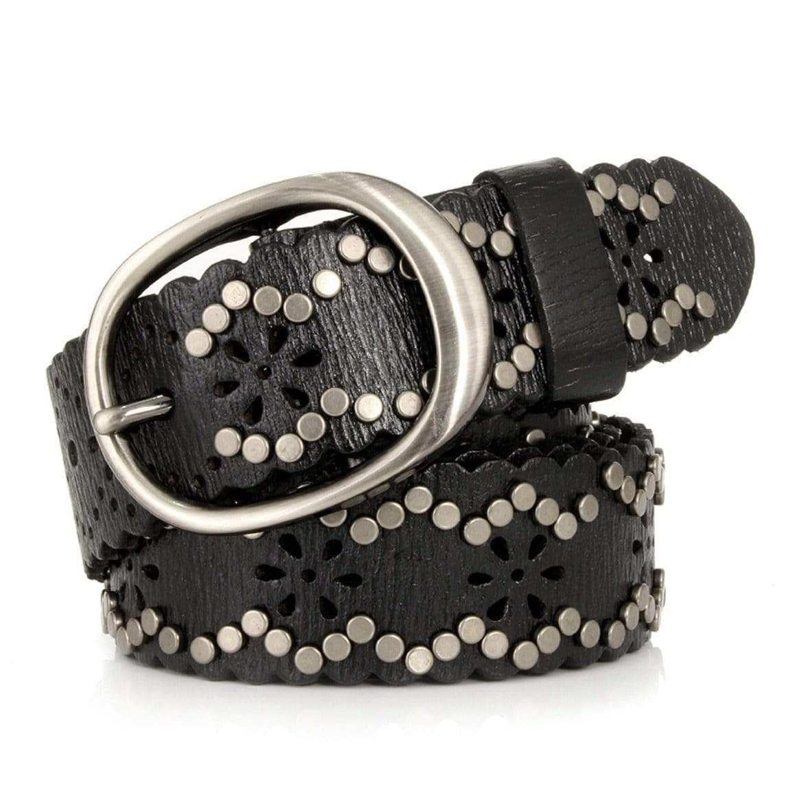 Black leather belt with silver studs and buckle.
