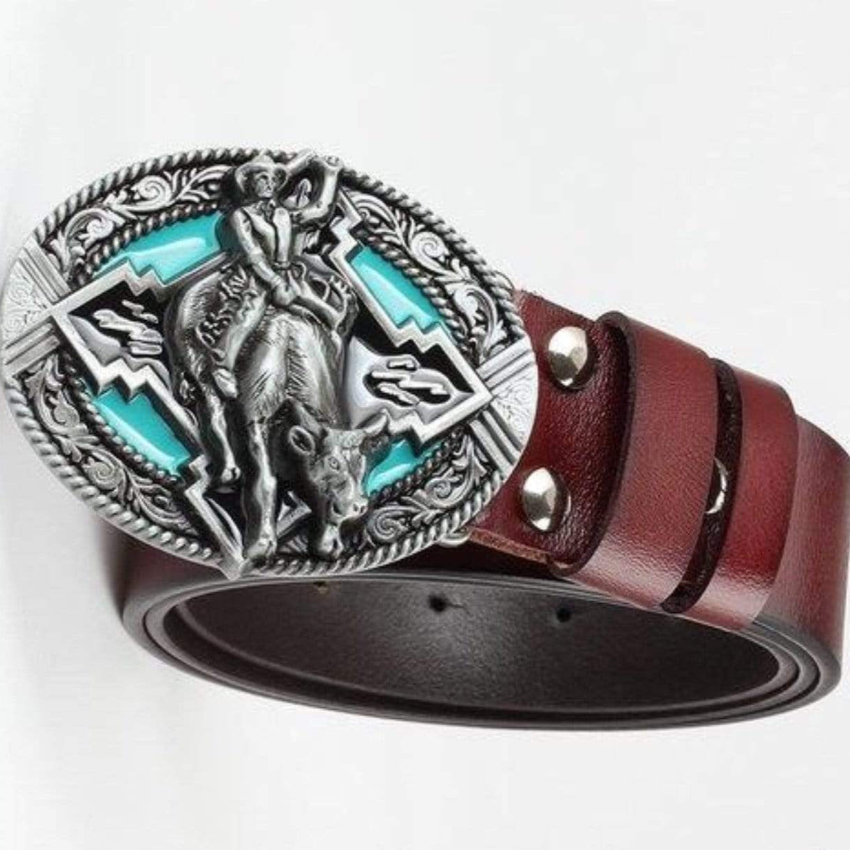 Brown leather belt with silver buckle featuring a cowboy riding a bull.
