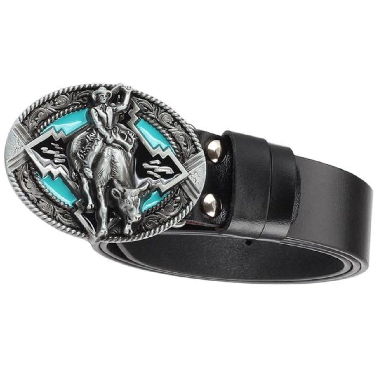 A black leather belt with an ornate silver and turquoise cowboy buckle.