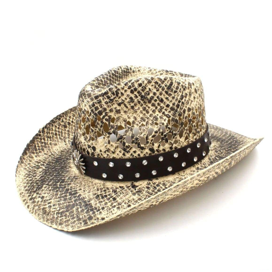 Snakeskin cowboy hat with studded band.