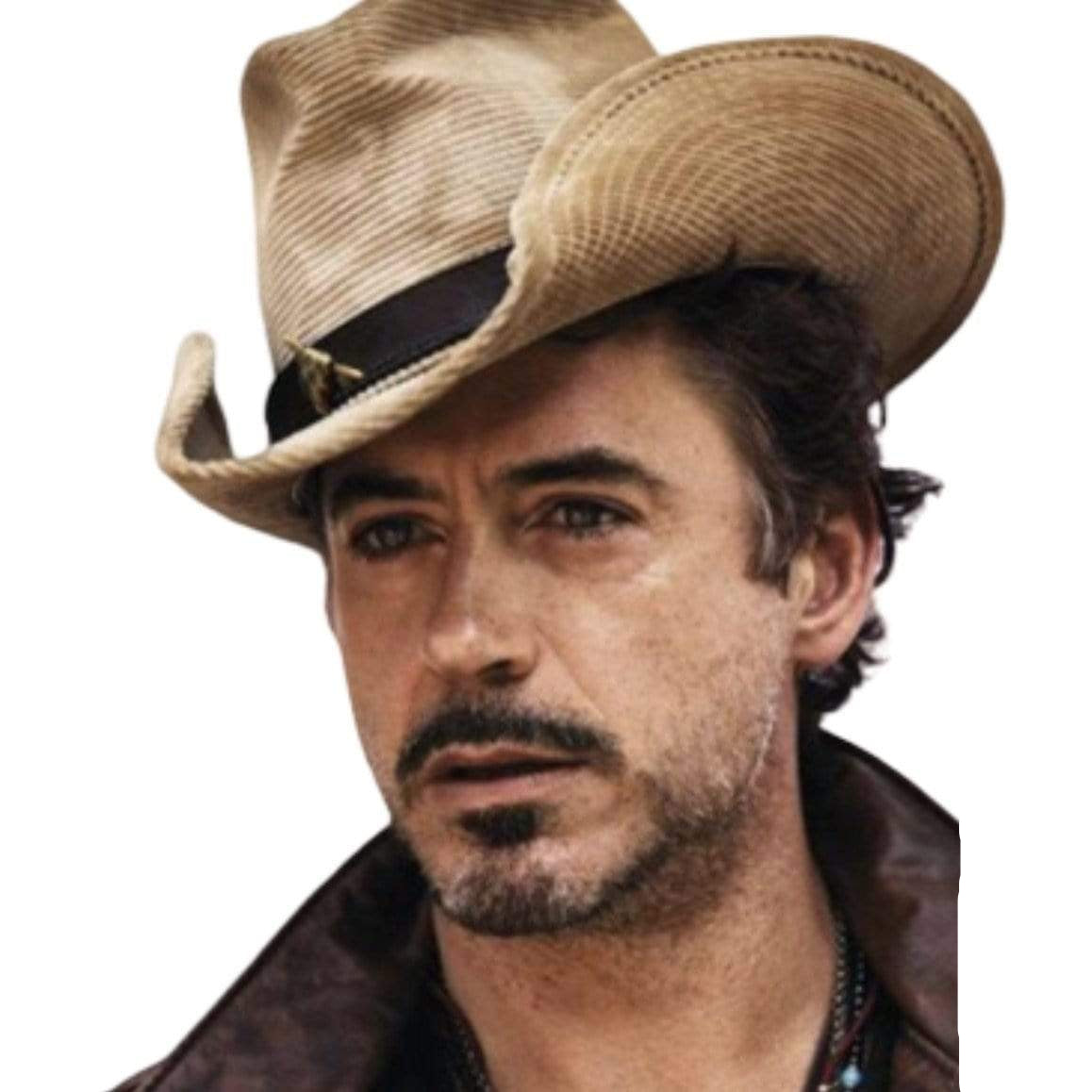 Robert Downey Jr. wearing a cowboy hat and leather jacket.