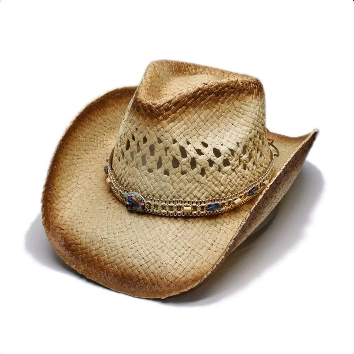 Tan straw cowboy hat with decorative band.
