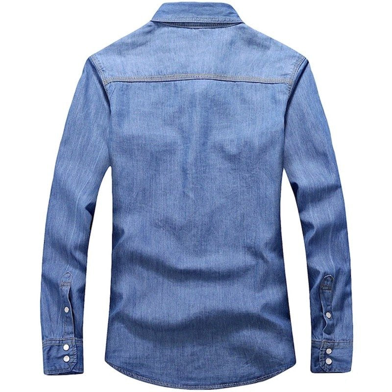 Back of a blue denim long-sleeved shirt.