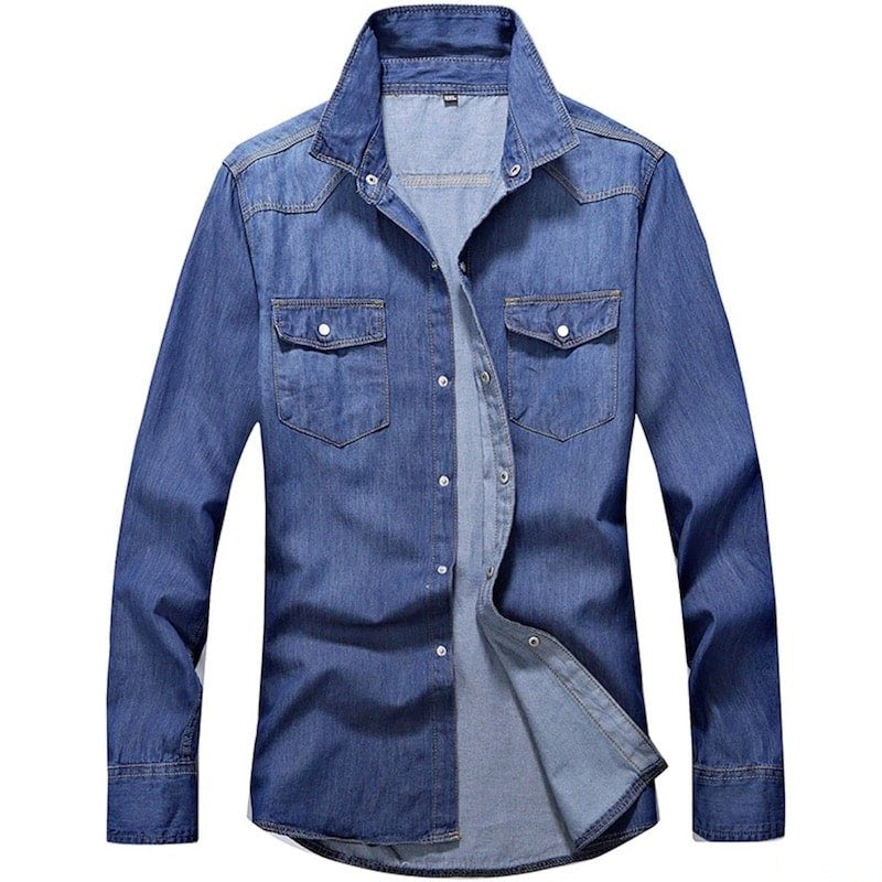 Denim shirt with long sleeves, two chest pockets, and metal buttons.