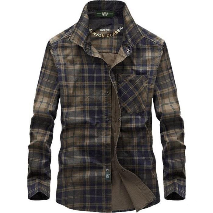 Brown and navy plaid flannel shirt.