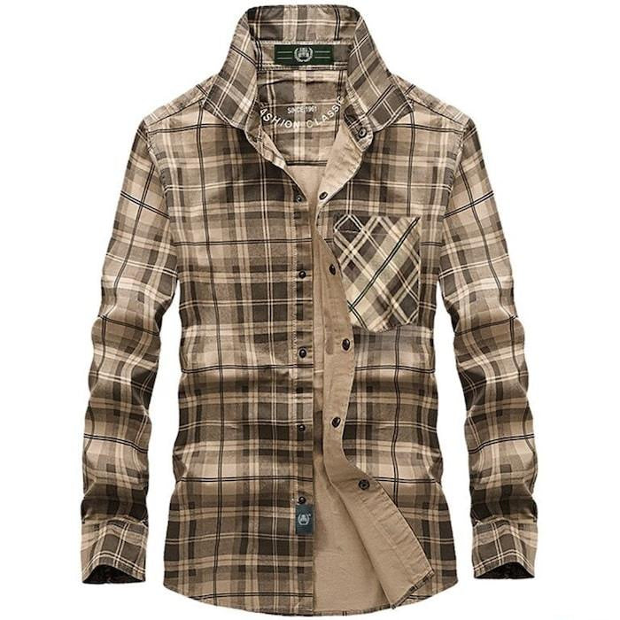 Brown and grey plaid flannel shirt.