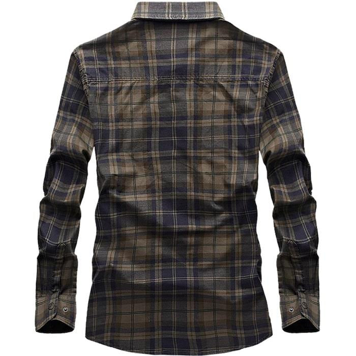 Back view of a long-sleeved, plaid shirt in shades of brown and blue.