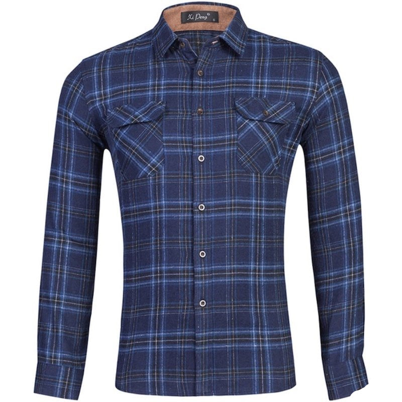 Blue plaid button-down shirt with brown collar.
