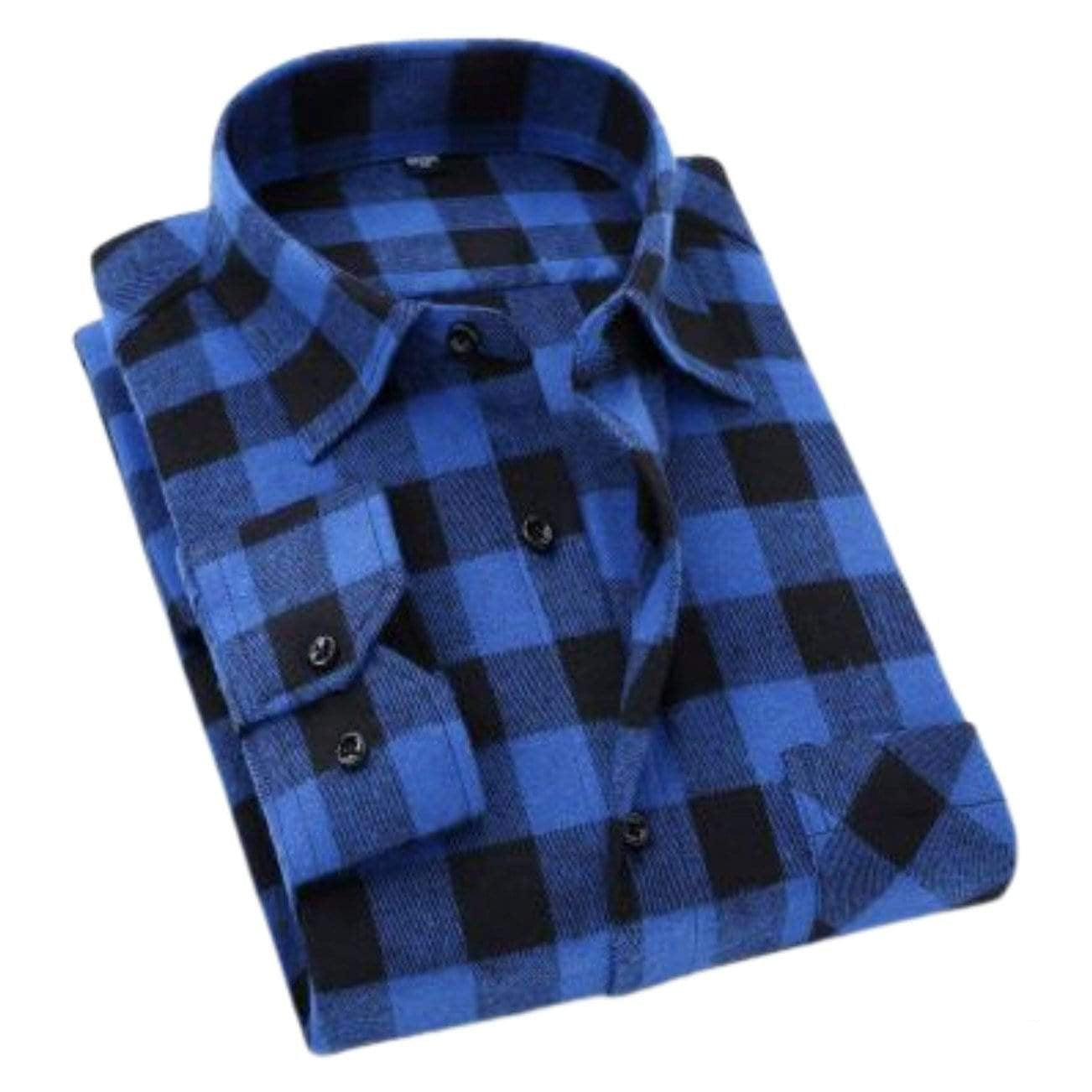 Blue and black plaid button-down shirt.
