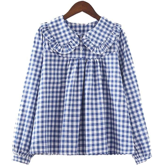 Blue and white gingham blouse with ruffled collar.