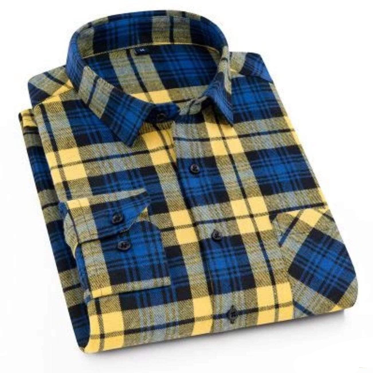 Blue and yellow plaid flannel shirt.
