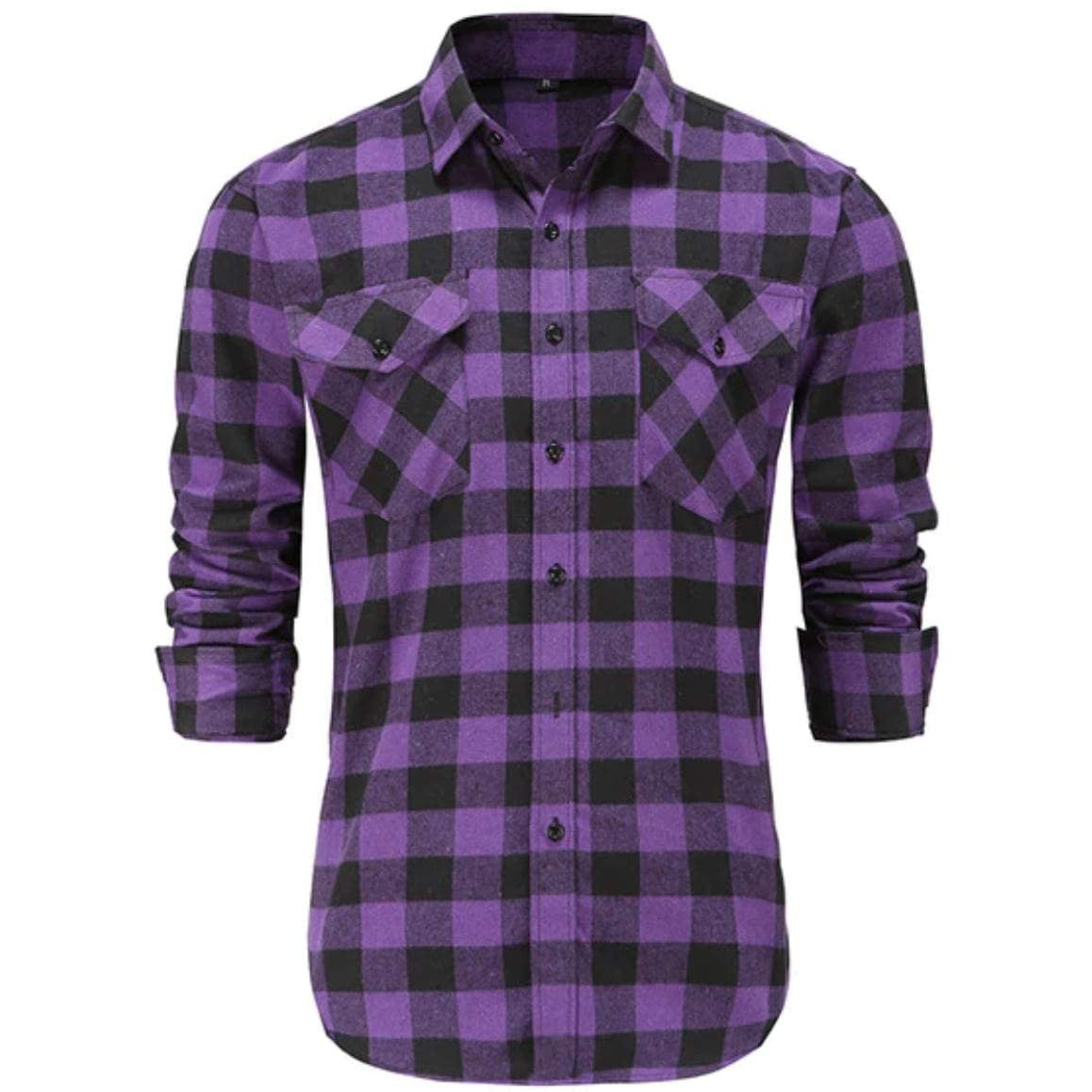 Purple and black flannel shirt with two pockets.