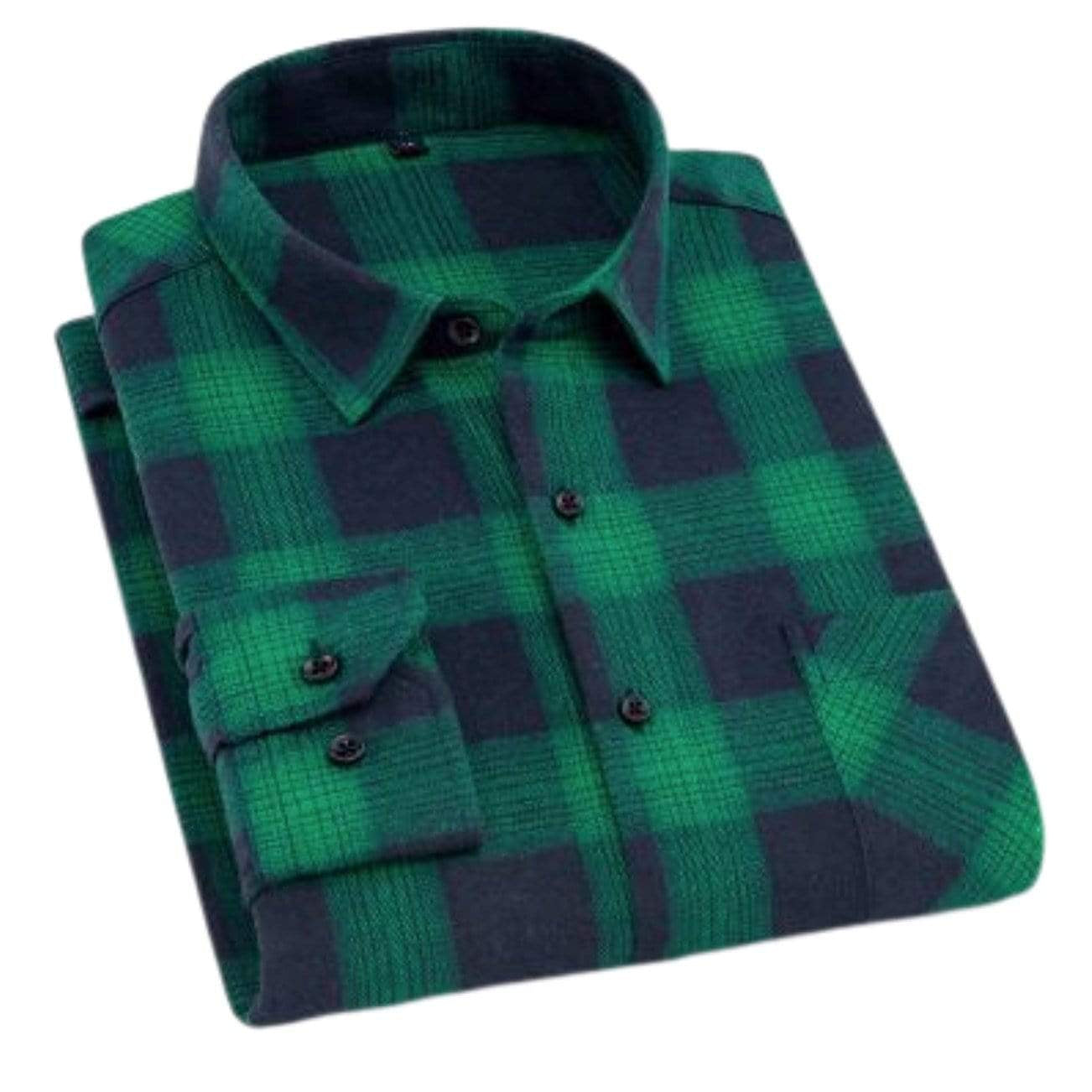 Folded green and navy plaid button-down shirt.