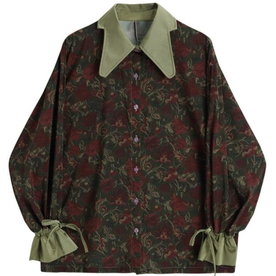 Dark green and red floral shirt with green collar and cuffs.