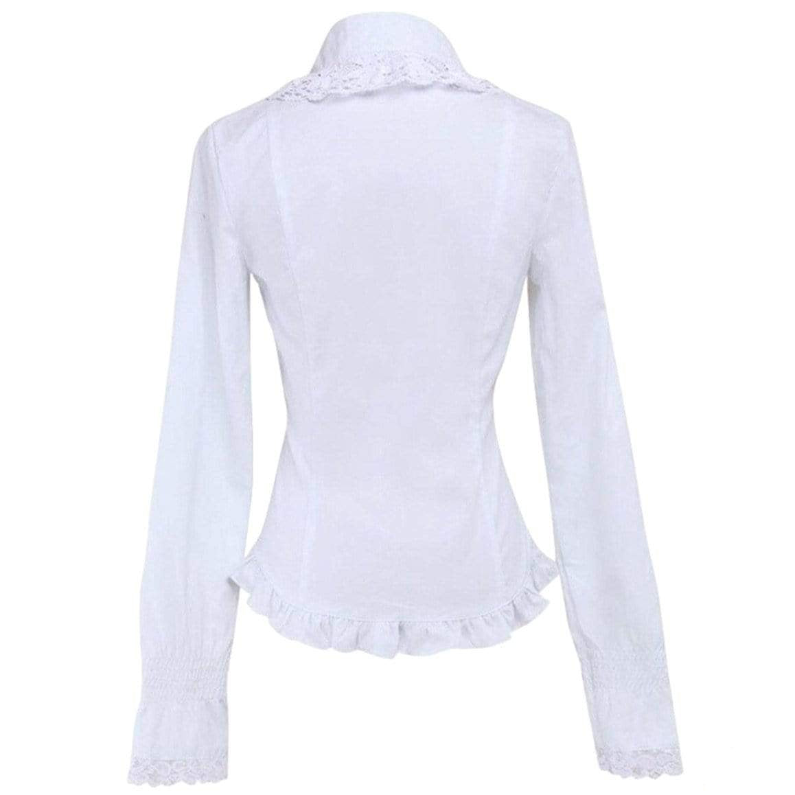 Back view of a white long-sleeve blouse with lace trim.
