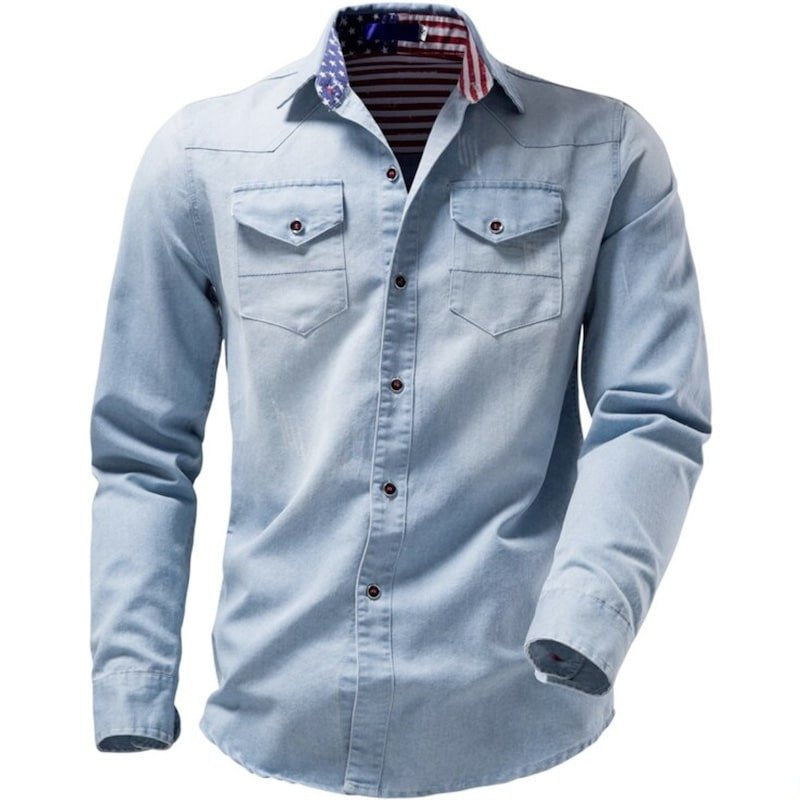 Light blue denim western shirt with red and white striped interior collar and American flag details.