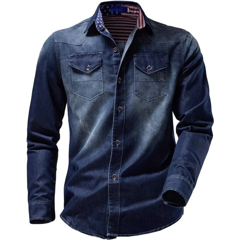 Blue denim western shirt with long sleeves.