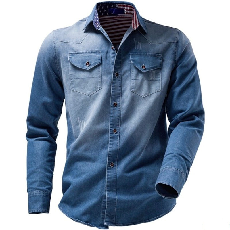 Blue denim long-sleeve shirt with front pockets and American flag pattern inside collar.