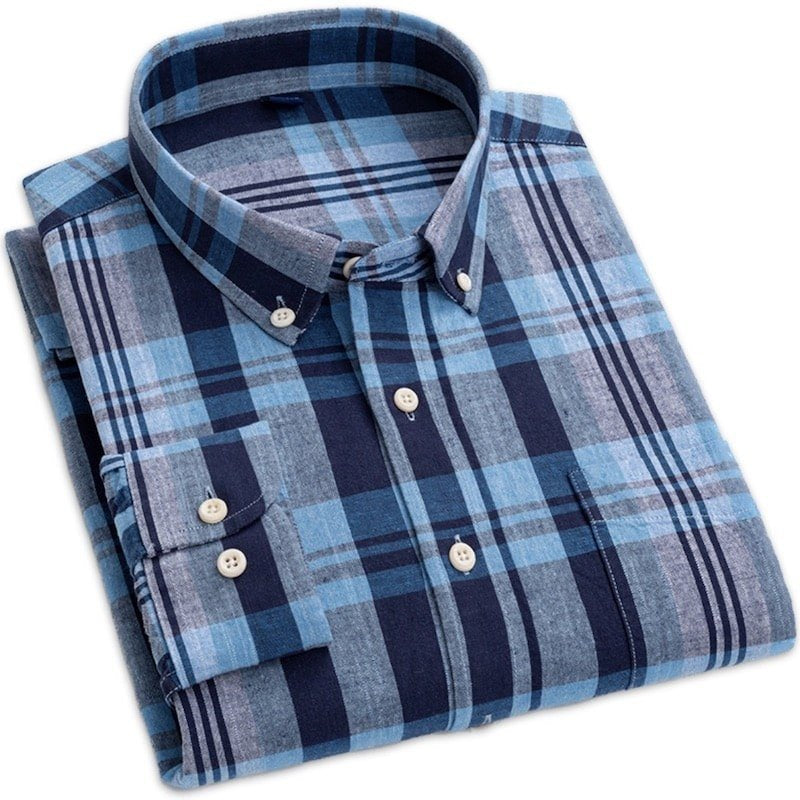 Blue and gray plaid button-down shirt.