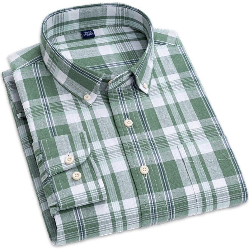 Folded green and white plaid button-down shirt.