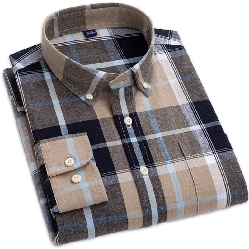 Folded plaid shirt with long sleeves.
