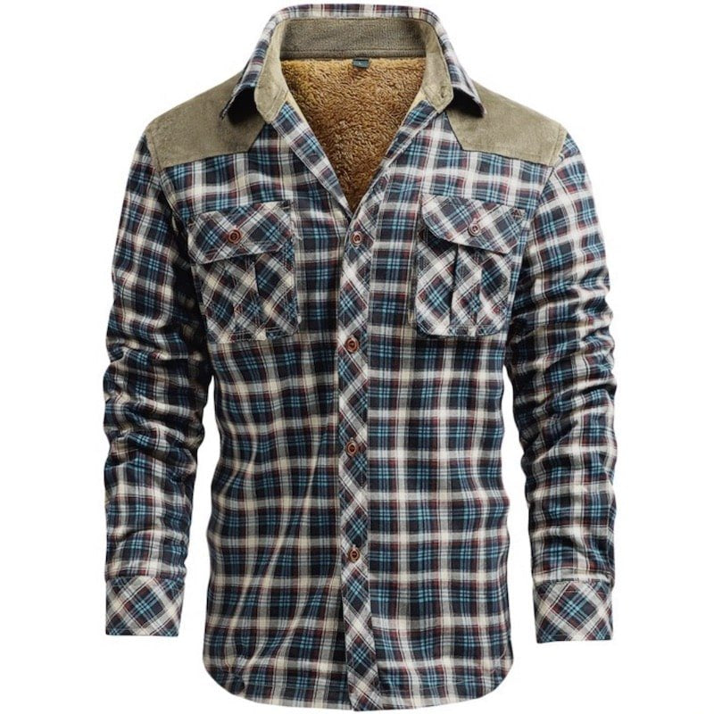 Long-sleeved plaid shirt with faux fur lining.
