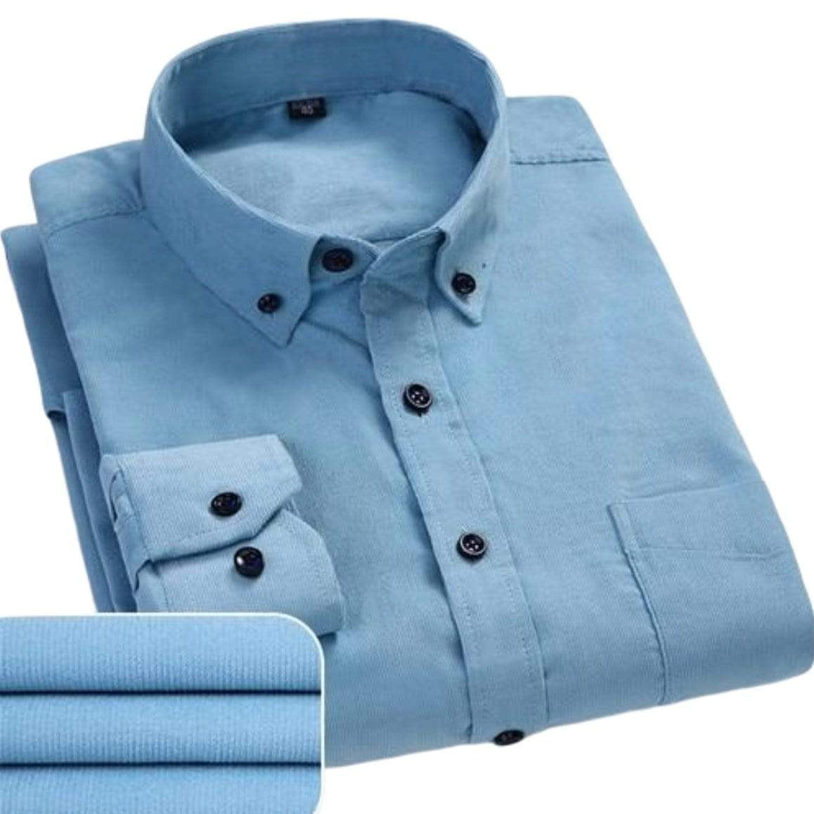 Folded light blue corduroy shirt.
