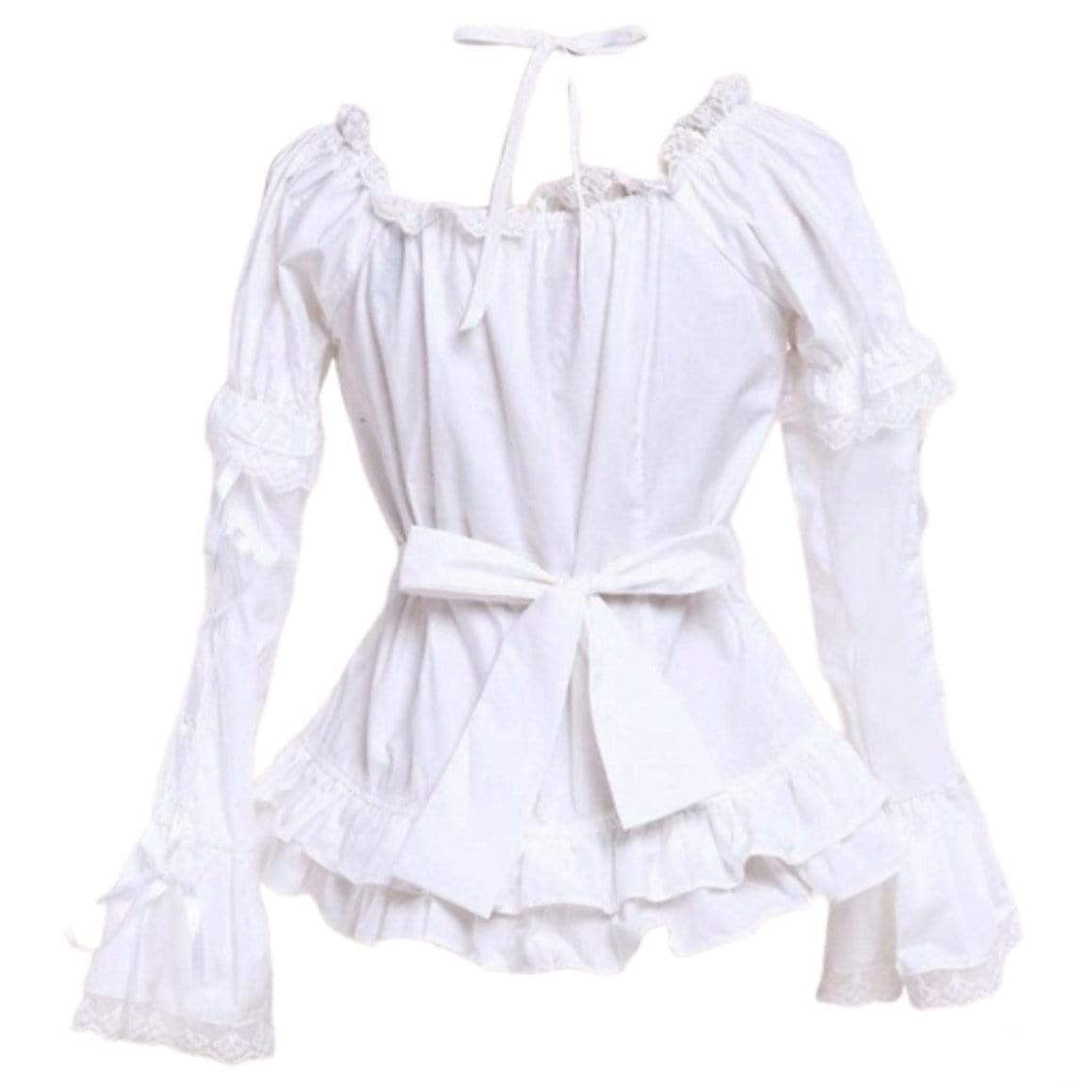 A white, long-sleeved blouse with a ruffled neckline and hem, tied at the waist.