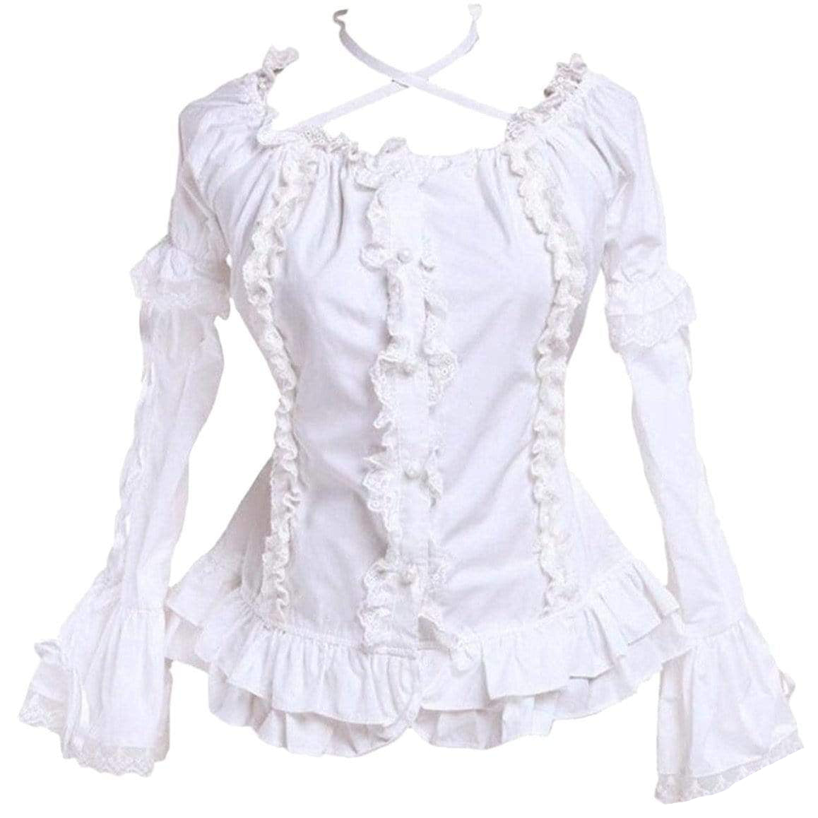 White ruffled blouse with long sleeves.