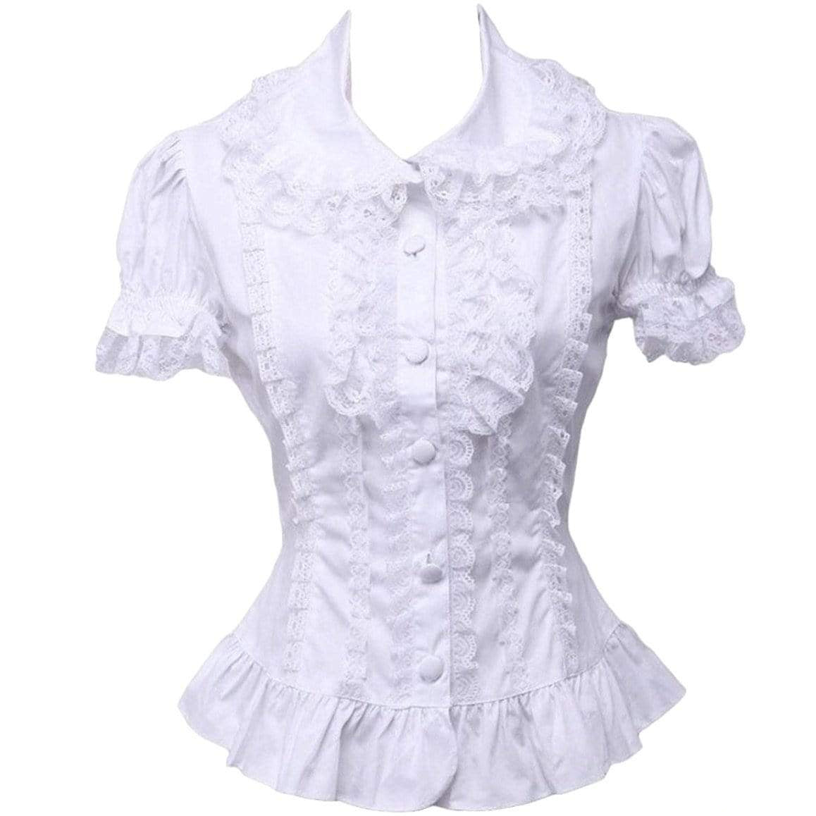 White short-sleeved blouse with lace details and ruffled trim.