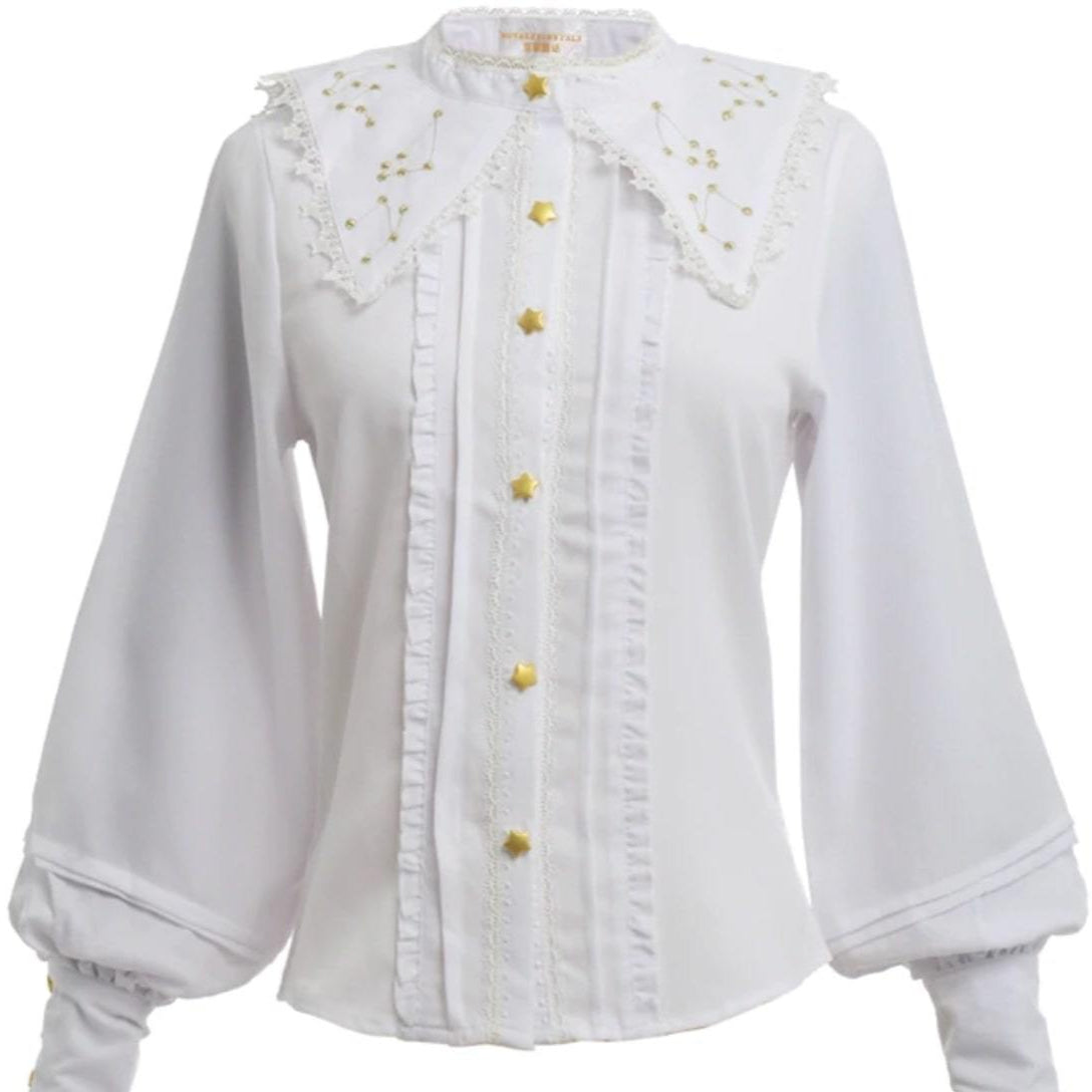 White, long-sleeved blouse with star-shaped buttons and an embroidered collar.
