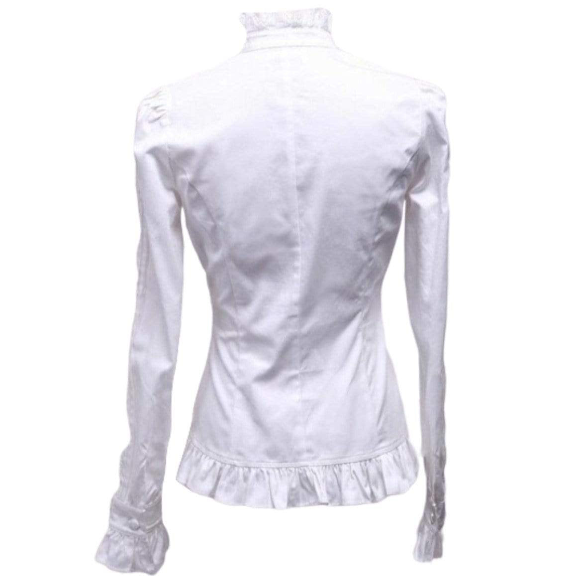 Back view of a white fitted shirt with a ruffled high collar, cuffs, and hem.