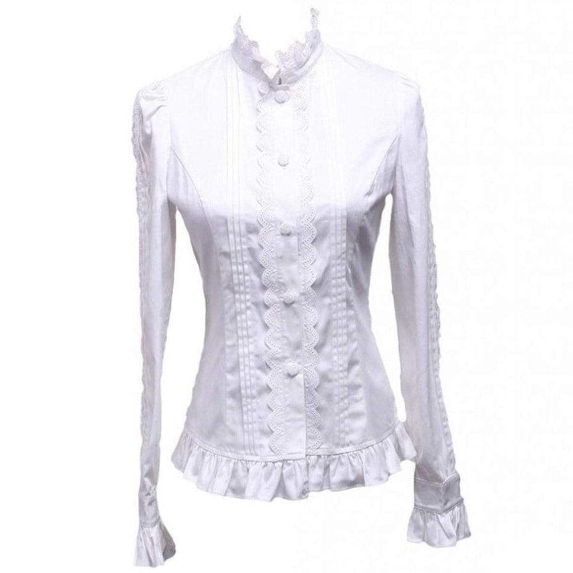 White long-sleeved blouse with lace trim.