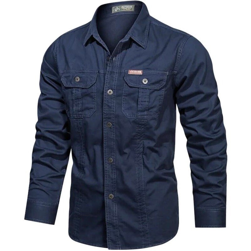 Navy blue button-down shirt with pockets.