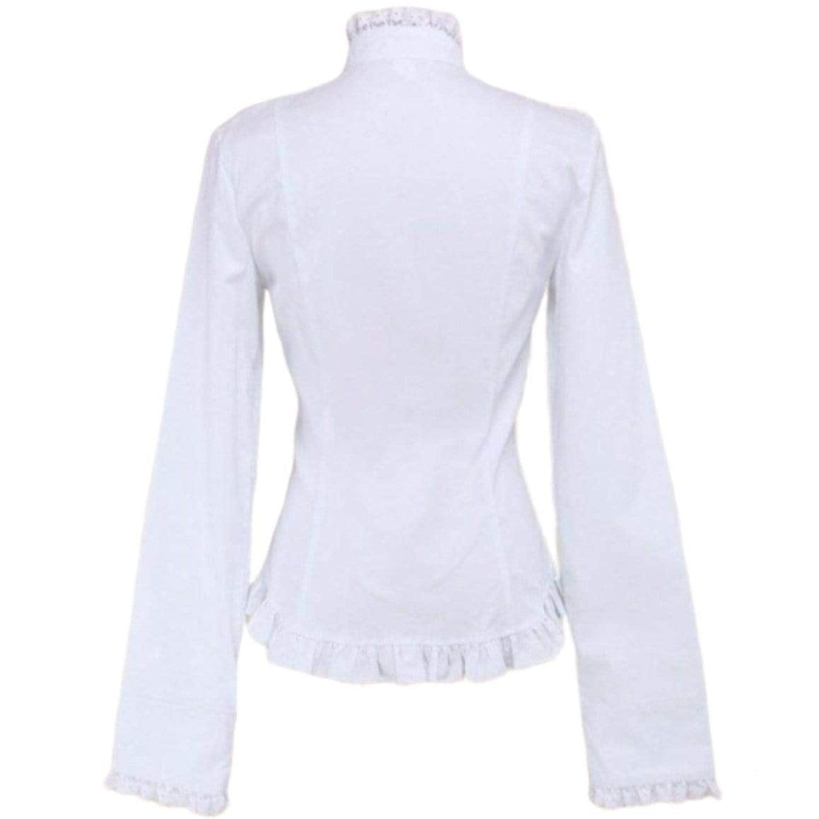 Back of a white long-sleeved blouse with ruffled trim.
