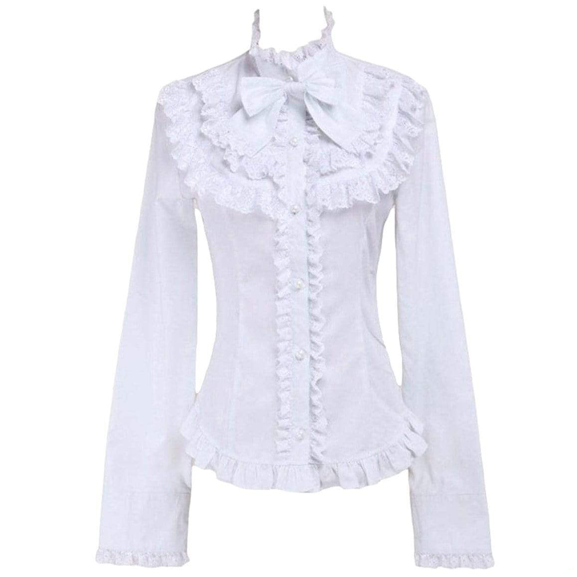 White blouse with lace and bow.