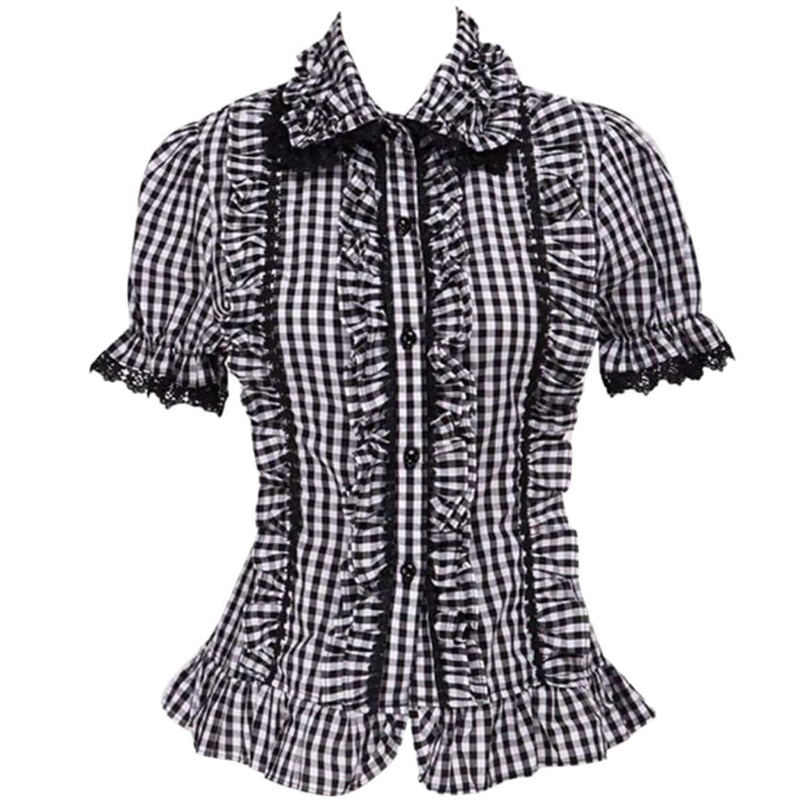Black and white gingham ruffled short-sleeved blouse.
